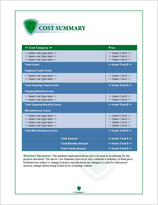 Proposal Pack Security #2 Cost Summary Page Proposal Pack Security #2 Cost Summary Page