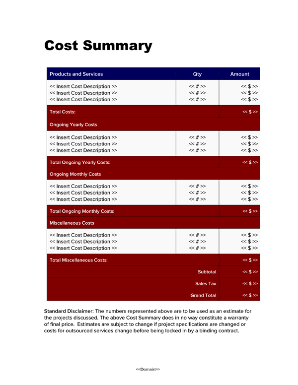 Proposal Pack for Government Grants Cost Summary Page
