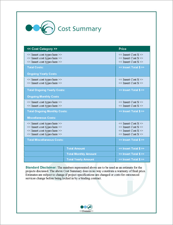 Proposal Pack Plumbing #1 Cost Summary Page