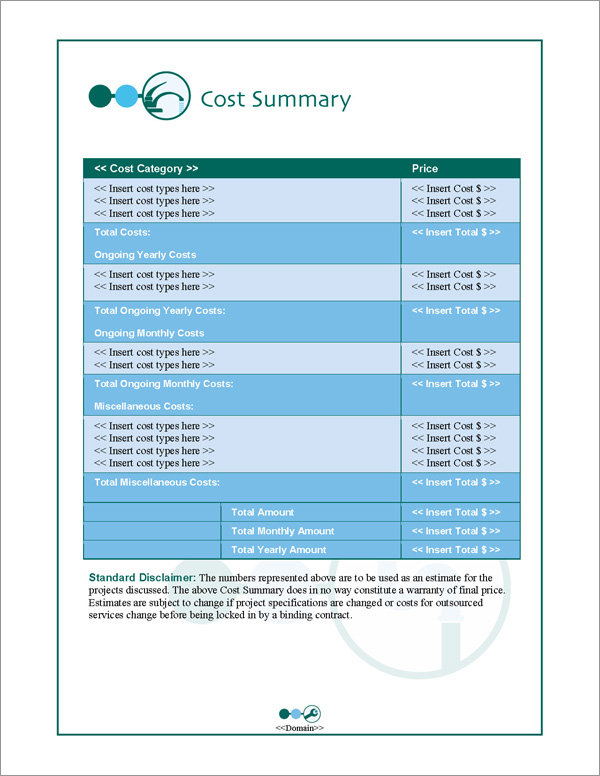 Proposal Pack Plumbing #1 Cost Summary Page Proposal Pack Plumbing #1 Cost Summary Page