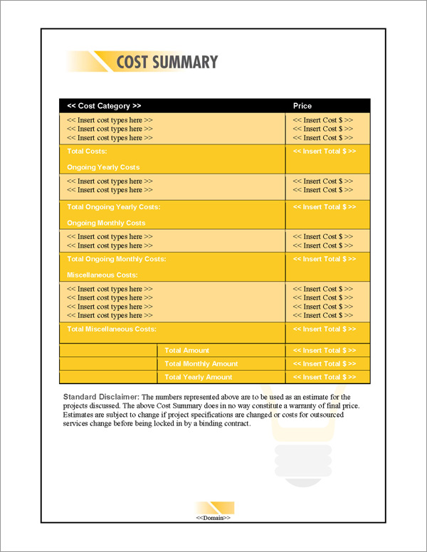 Proposal Pack Concepts #10 Cost Summary Page