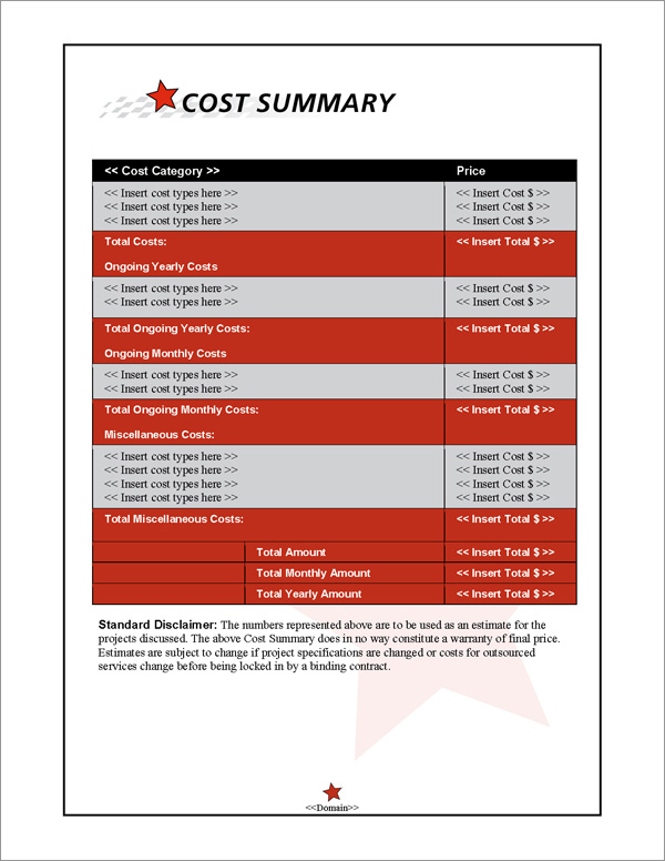 Proposal Pack In Motion #6 Cost Summary Page