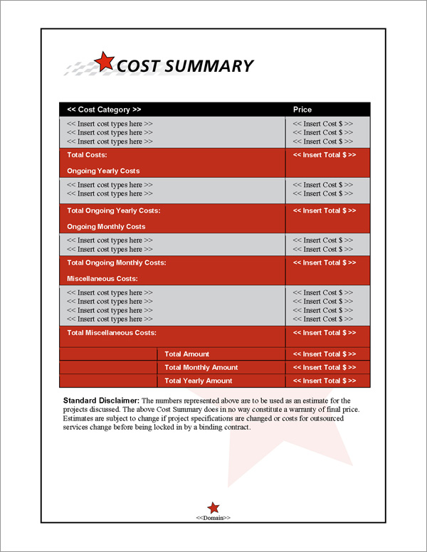 Proposal Pack In Motion #6 Cost Summary Page Proposal Pack In Motion #6 Cost Summary Page
