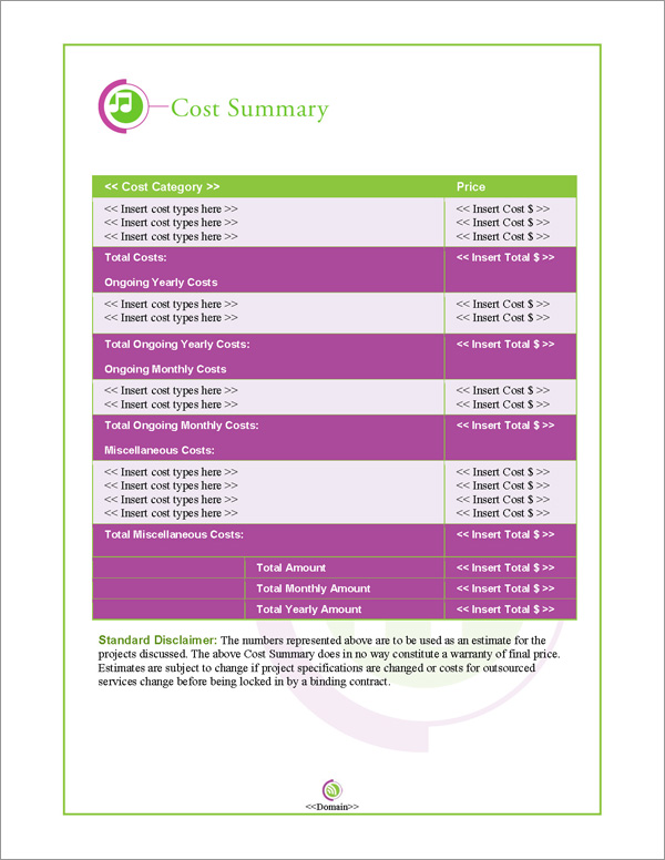 Proposal Pack Entertainment #4 Cost Summary Page