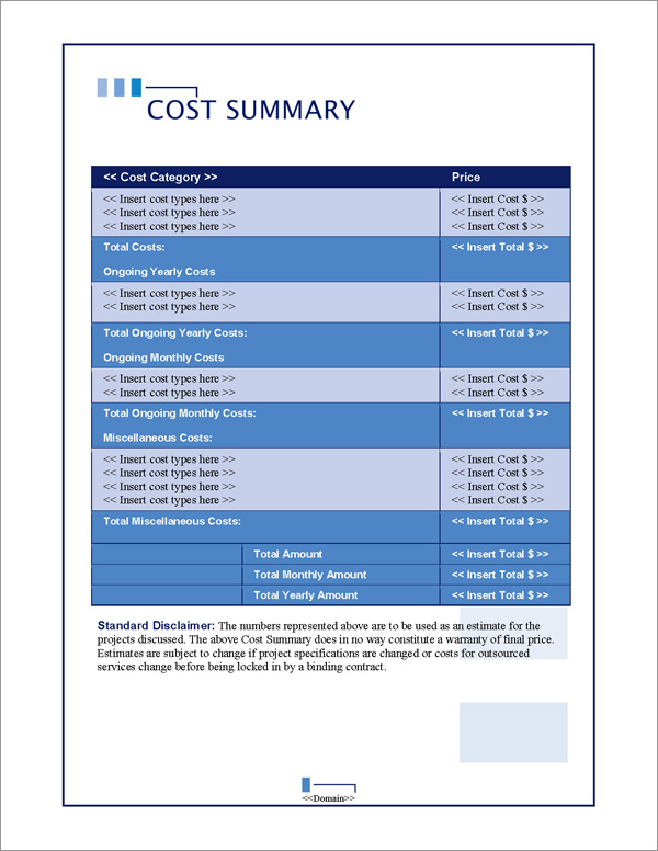 Proposal Pack Classic #10 Cost Summary Page Proposal Pack Classic #10 Cost Summary Page