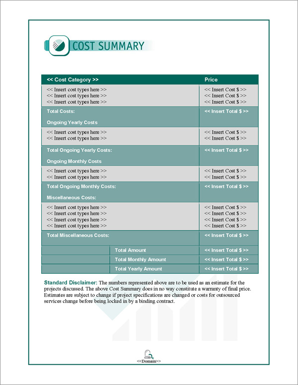 Proposal Pack Business #15 Cost Summary Page