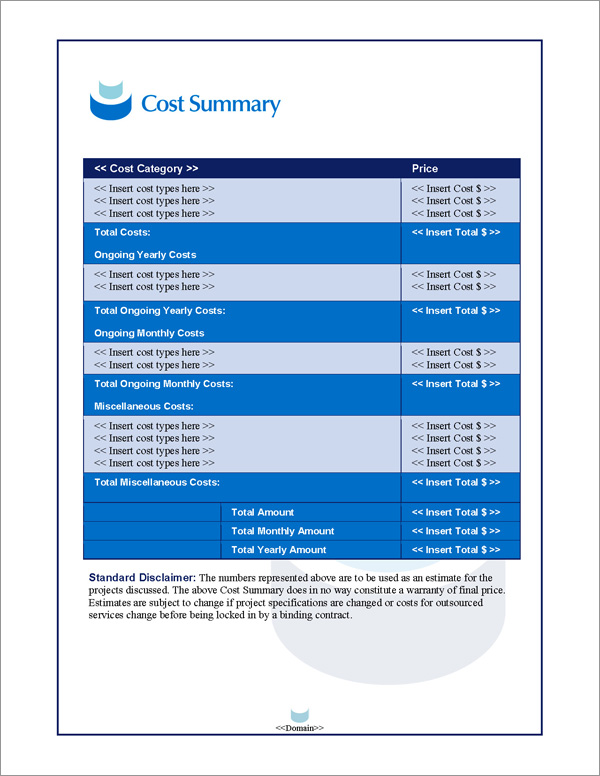 Proposal Pack Contemporary #11 Cost Summary Page Proposal Pack Contemporary #11 Cost Summary Page