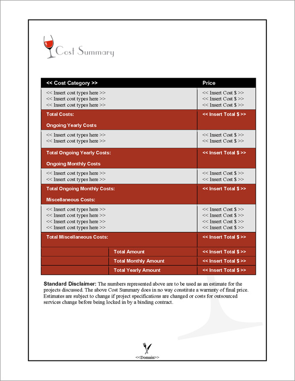 Proposal Pack Food #1 Cost Summary Page