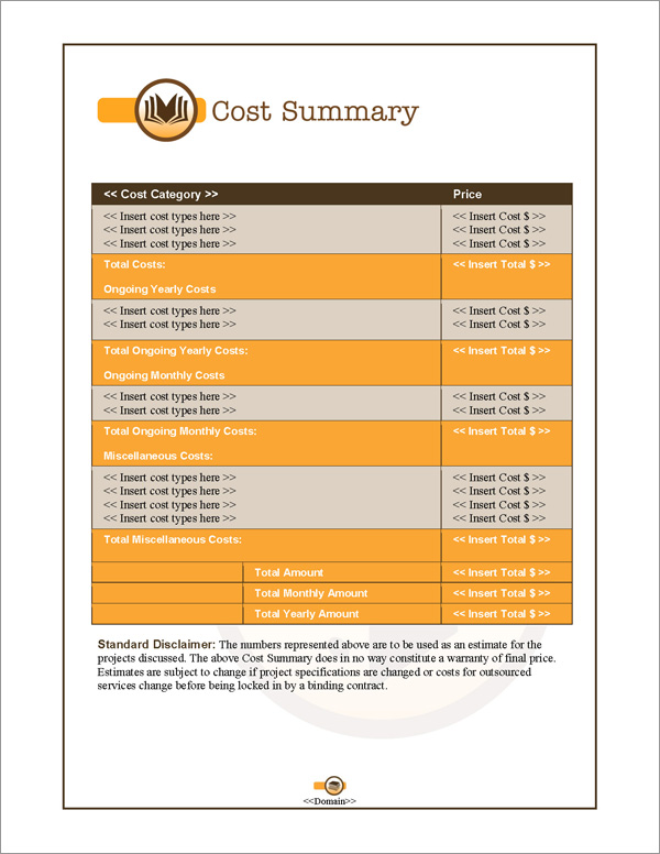 Proposal Pack Books #1 Cost Summary Page Proposal Pack Books #1 Cost Summary Page