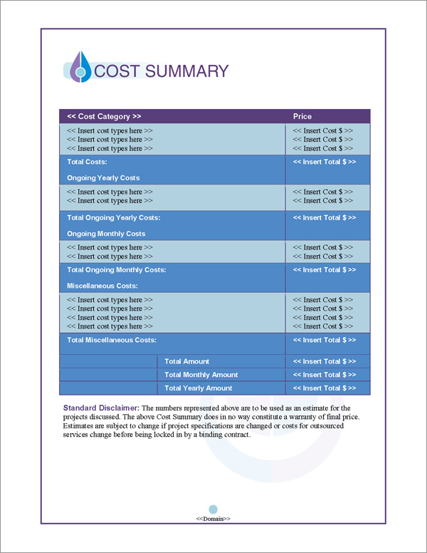 Proposal Pack Aqua #2 Cost Summary Page