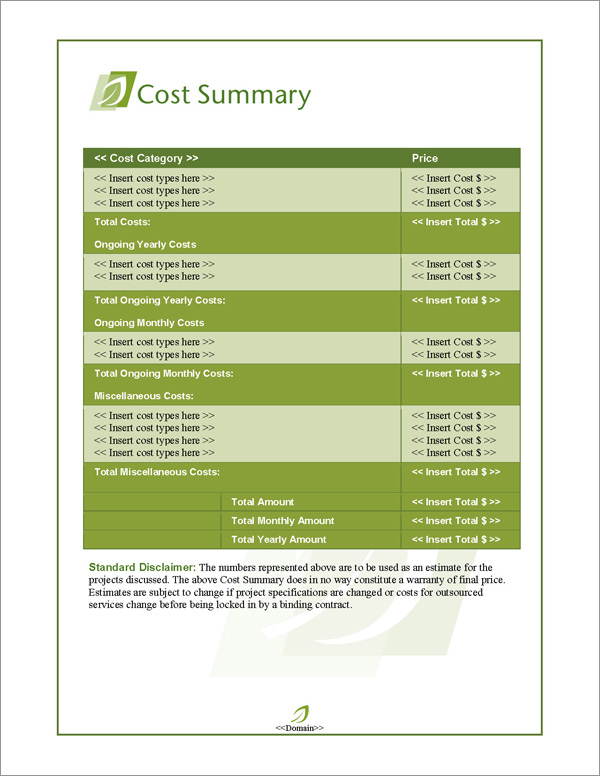 Proposal Pack Nature #5 Cost Summary Page