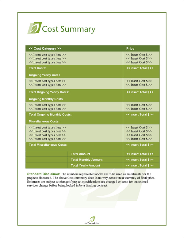 Proposal Pack Nature #5 Cost Summary Page Proposal Pack Nature #5 Cost Summary Page