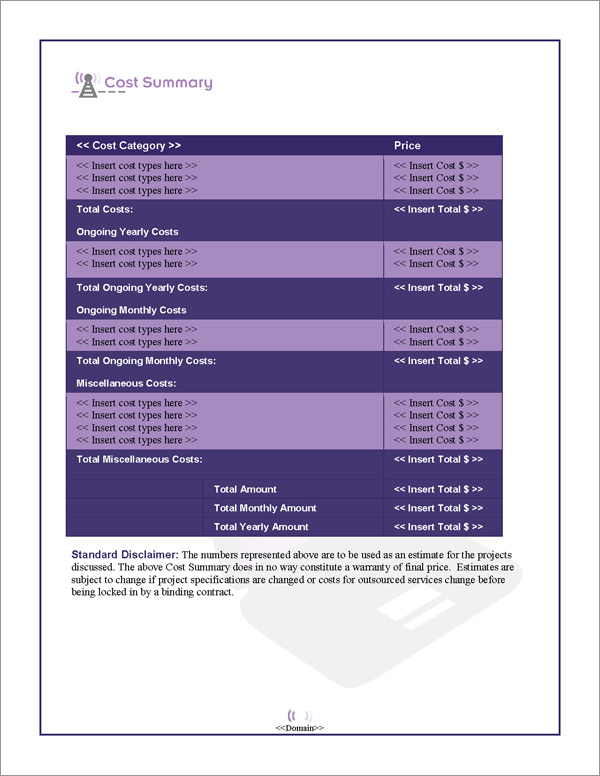 Proposal Pack Wireless #1 Cost Summary Page