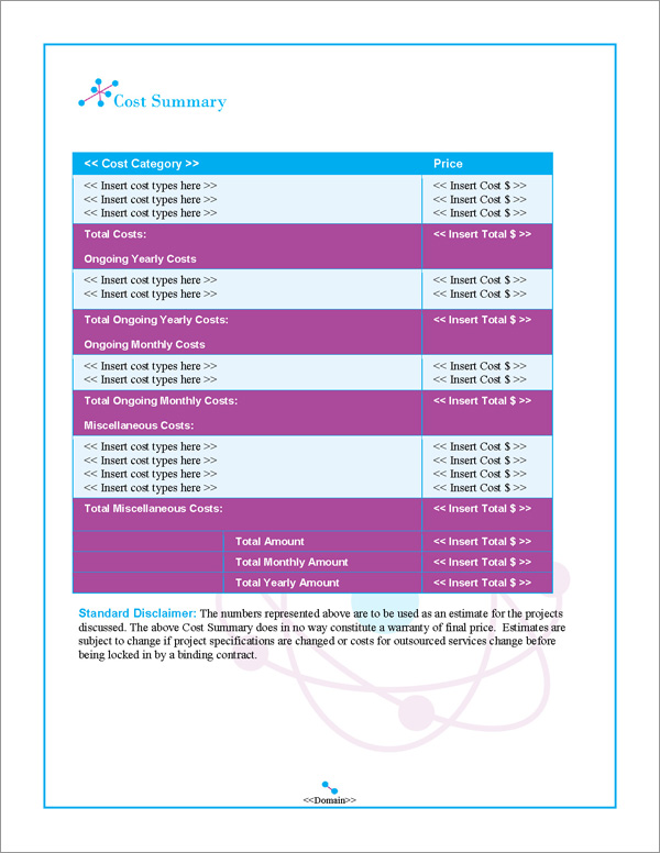 Proposal Pack Science #2 Cost Summary Page