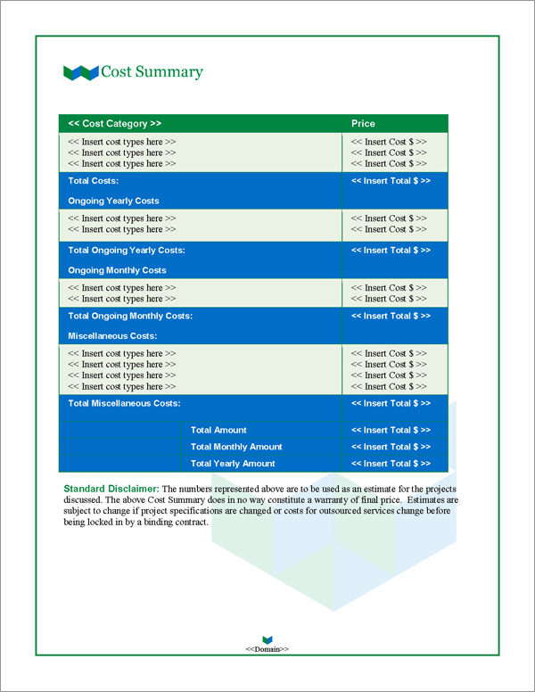 Proposal Pack Contemporary #12 Cost Summary Page Proposal Pack Contemporary #12 Cost Summary Page