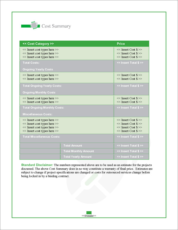 Proposal Pack Tech #6 Cost Summary Page