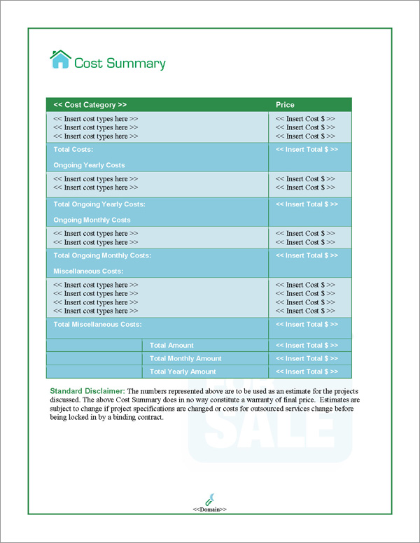 Proposal Pack Real Estate #3 Cost Summary Page