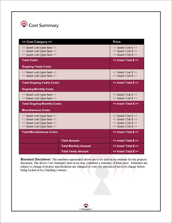 Proposal Pack Wireless #2 Cost Summary Page