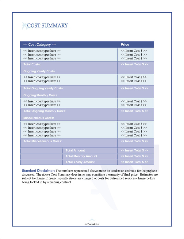 Proposal Pack Aerospace #1 Cost Summary Page
