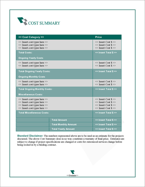 Proposal Pack Business #16 Cost Summary Page Proposal Pack Business #16 Cost Summary Page
