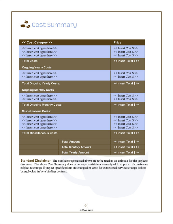 Proposal Pack Food #3 Cost Summary Page