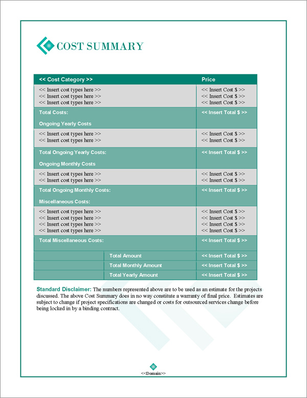 Proposal Pack Business #17 Cost Summary Page