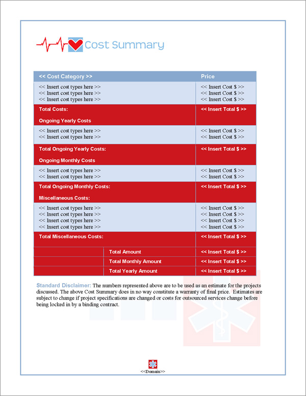Proposal Pack Medical #5 Cost Summary Page Proposal Pack Medical #5 Cost Summary Page