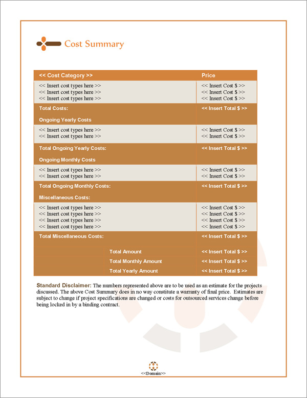 Proposal Pack Contemporary #14 Cost Summary Page