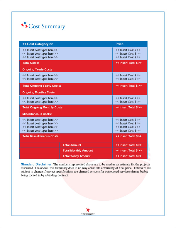 Proposal Pack Flag #5 Cost Summary Page