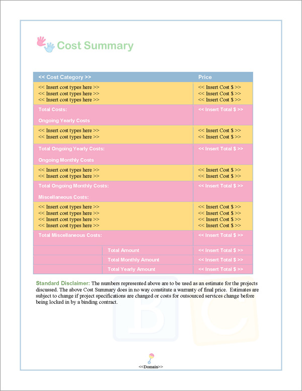 Proposal Pack Children #1 Cost Summary Page