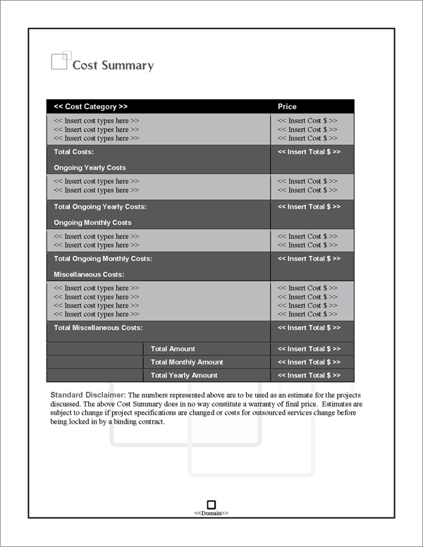 Proposal Pack Classic #13 Cost Summary Page