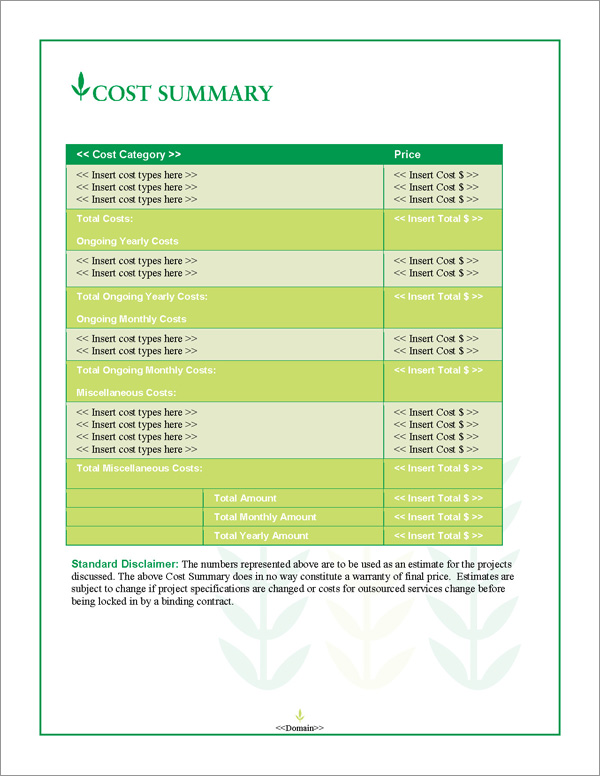 Proposal Pack Agriculture #3 Cost Summary Page
