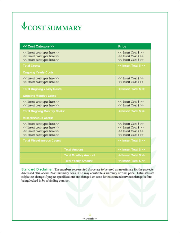 Proposal Pack Agriculture #3 Cost Summary Page Proposal Pack Agriculture #3 Cost Summary Page
