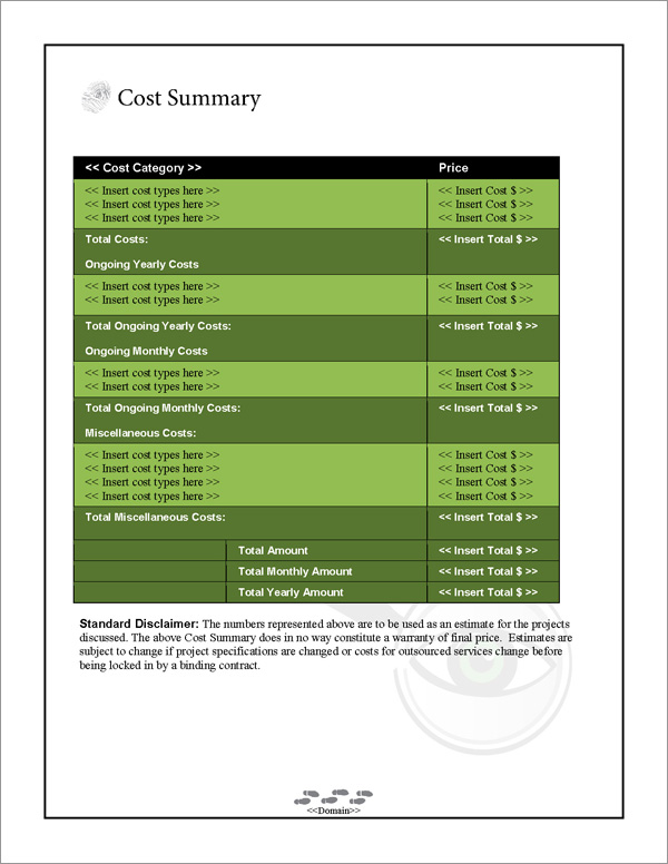 Proposal Pack Investigation #1 Cost Summary Page Proposal Pack Investigation #1 Cost Summary Page