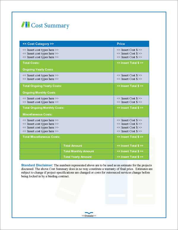 Proposal Pack Books #2 Cost Summary Page