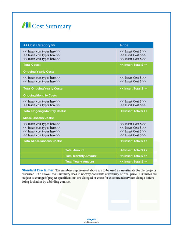 Proposal Pack Books #2 Cost Summary Page Proposal Pack Books #2 Cost Summary Page