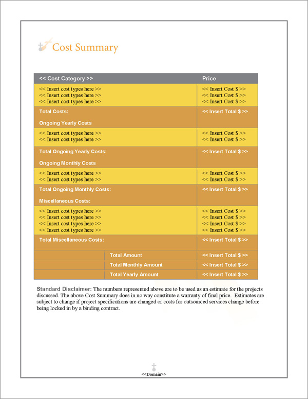 Proposal Pack Spiritual #2 Cost Summary Page Proposal Pack Spiritual #2 Cost Summary Page