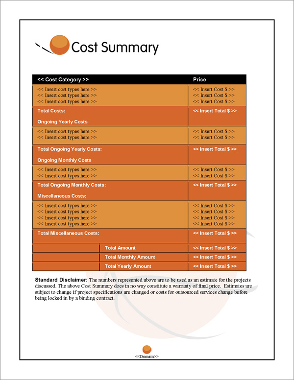 Proposal Pack Sports #5 Cost Summary Page