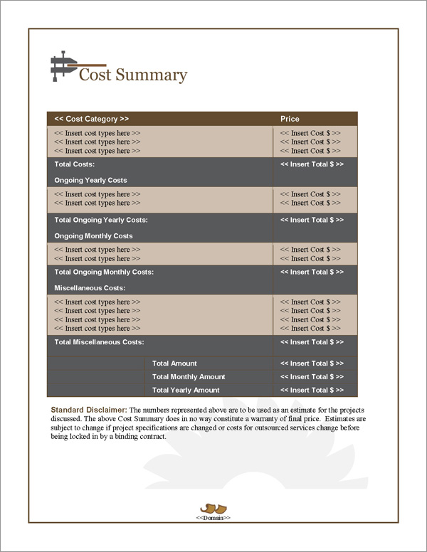 Proposal Pack Construction #4 Cost Summary Page