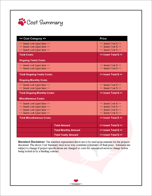 Proposal Pack Animals #1 Cost Summary Page Proposal Pack Animals #1 Cost Summary Page