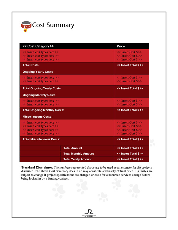Proposal Pack Animals #2 Cost Summary Page Proposal Pack Animals #2 Cost Summary Page