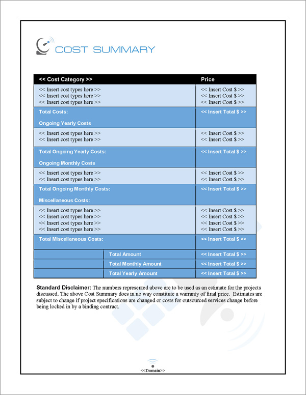 Proposal Pack Telecom #2 Cost Summary Page Proposal Pack Telecom #2 Cost Summary Page