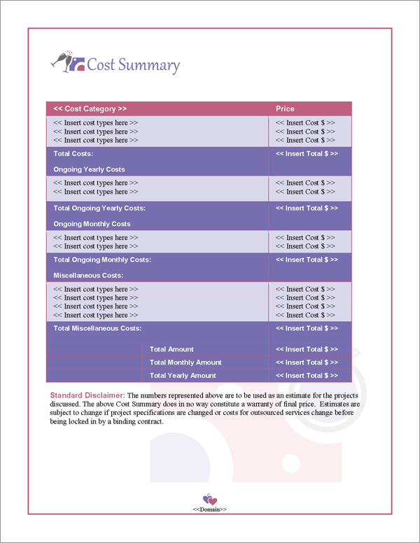 Proposal Pack Wedding #2 Cost Summary Page