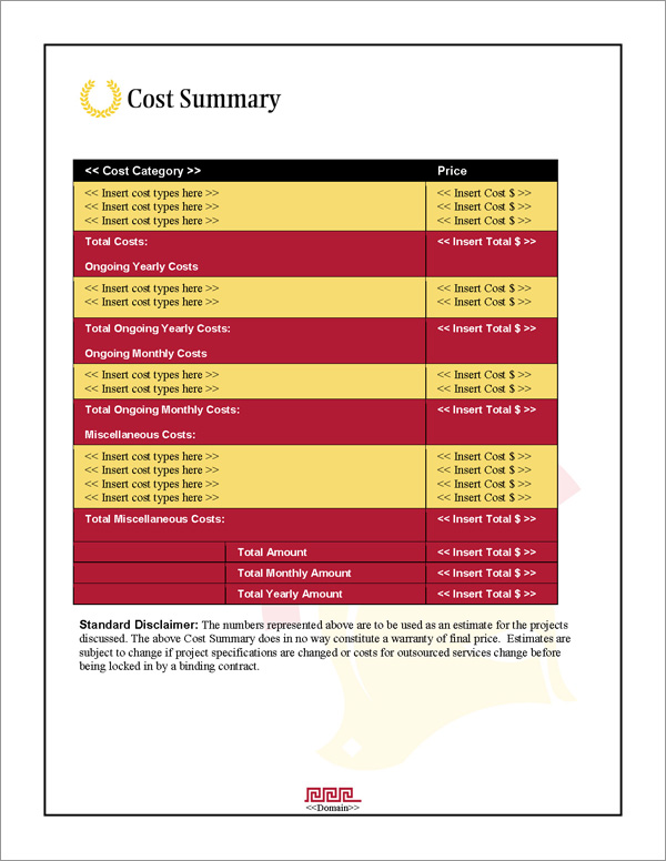 Proposal Pack Security #6 Cost Summary Page Proposal Pack Security #6 Cost Summary Page