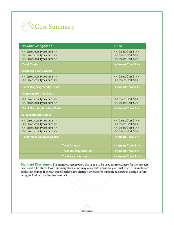 Proposal Pack Business #18 Cost Summary Page Proposal Pack Business #18 Cost Summary Page