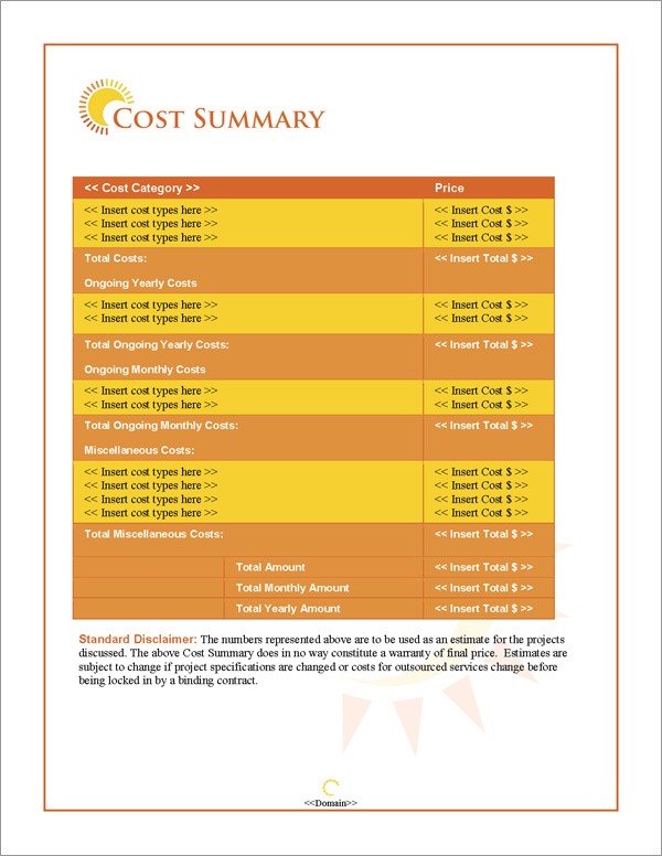 Proposal Pack Outdoors #2 Cost Summary Page Proposal Pack Outdoors #2 Cost Summary Page