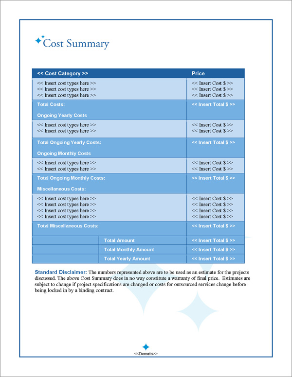 Proposal Pack Contemporary #16 Cost Summary Page