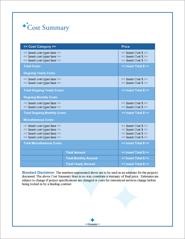 Proposal Pack Contemporary #16 Cost Summary Page Proposal Pack Contemporary #16 Cost Summary Page
