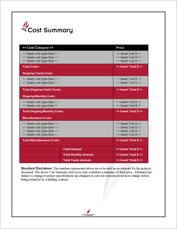 Proposal Pack Concepts #12 Cost Summary Page Proposal Pack Concepts #12 Cost Summary Page