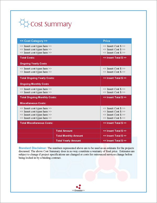 Proposal Pack Science #3 Cost Summary Page